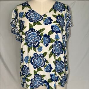 Rachel Zoe Blue/Green Floral Flutter Short Sleeve Blouse Size 1X
